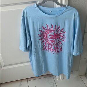 Summer Days Light Blue Graphic Tee with Pink Print